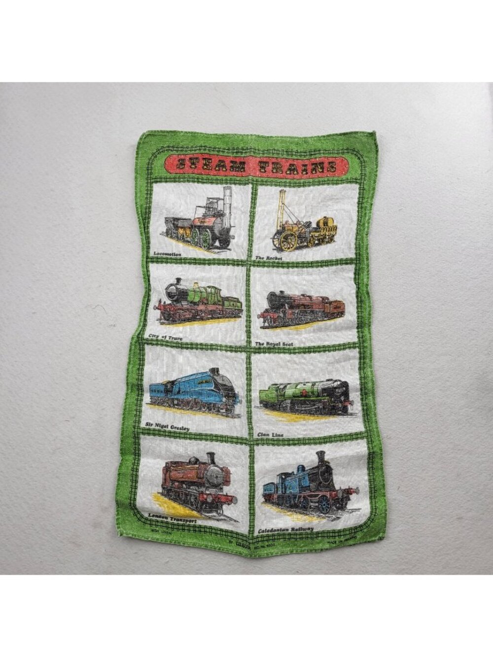 Vintage Locomotive Tea Towel Steam Train Fabric decor Linen Faded